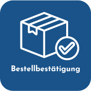 Order confirmation icon: white box with a checkmark badge on a blue rounded-square background, text reads'Bestellbestätigung'.